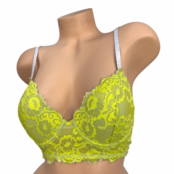 Josie Neon‎ Green 32D Contrast Lace Plunge Bralette Balconette Bra Unpadded - Picture 5 of 12
